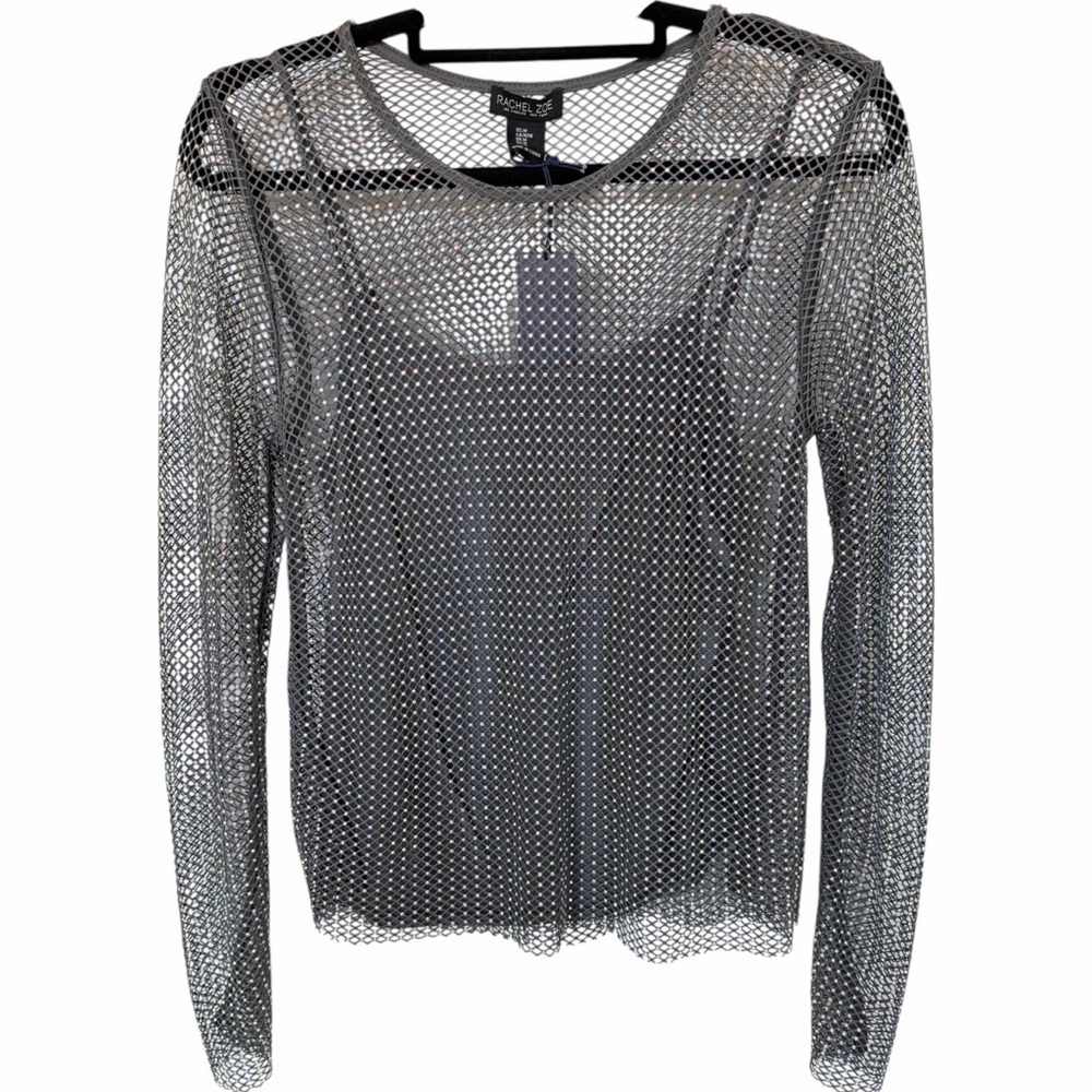 ✅ NWT Rachel Zoe Sheer Gray Fish Net Mesh Long Sleeve Top with rhinestones sz M